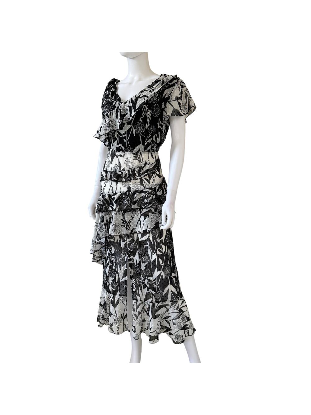 Dark Pink Black White Floral Swiss Dot Tiered Ruffle Maxi Dress Size Large US 10